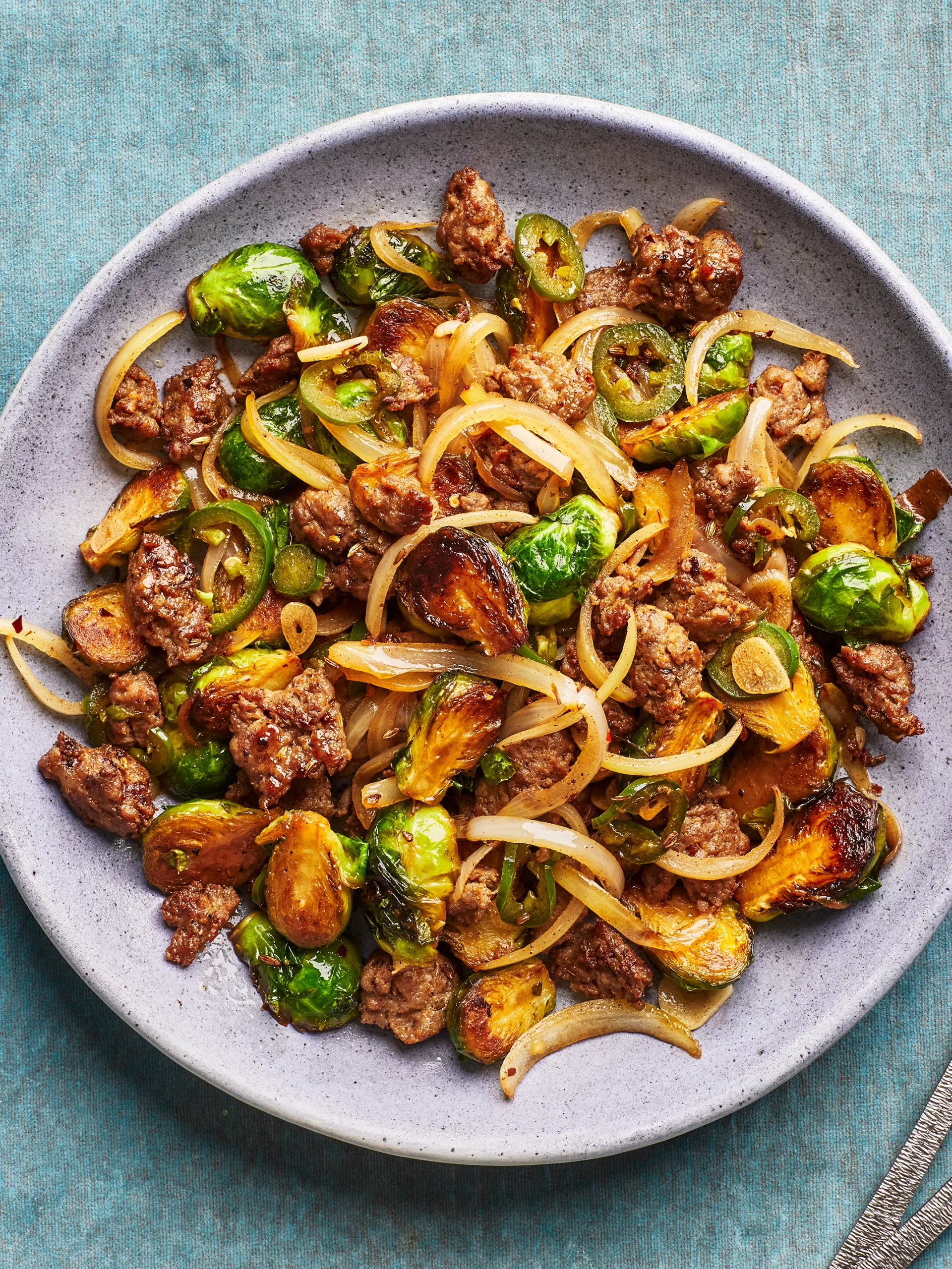 Hamburger patties with onions and Brussels sprouts :Monday-dinner