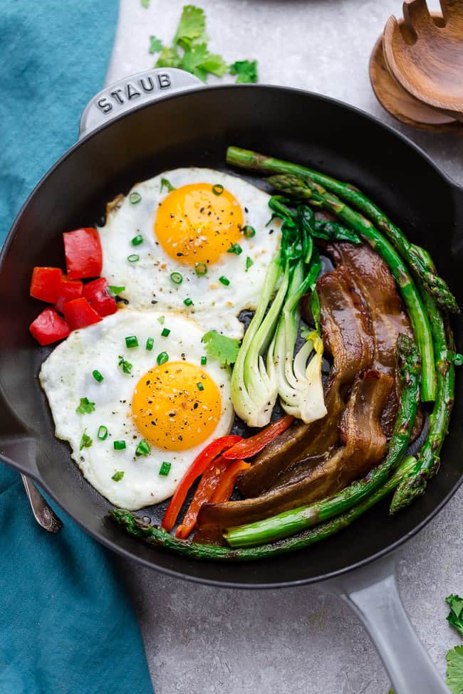Simple keto breakfast with fried eggs and veggies