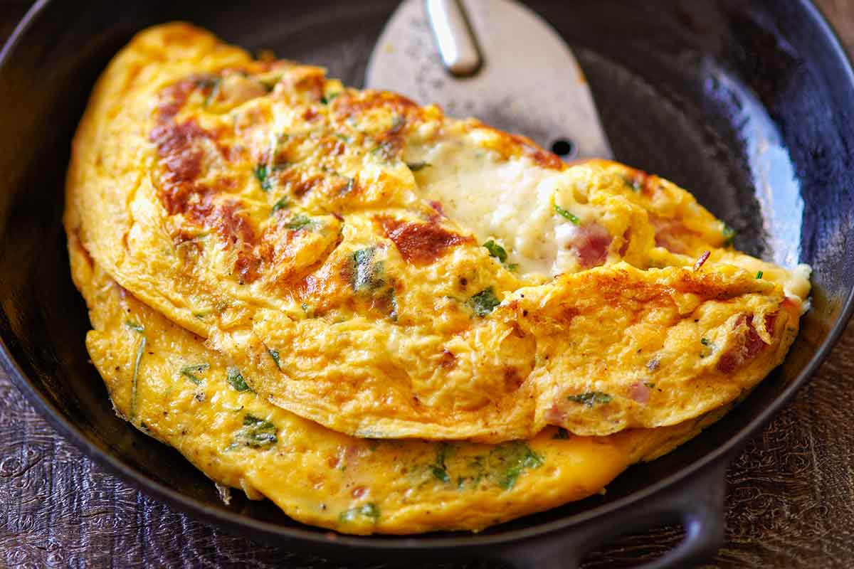 Open omelet with ham and cheese