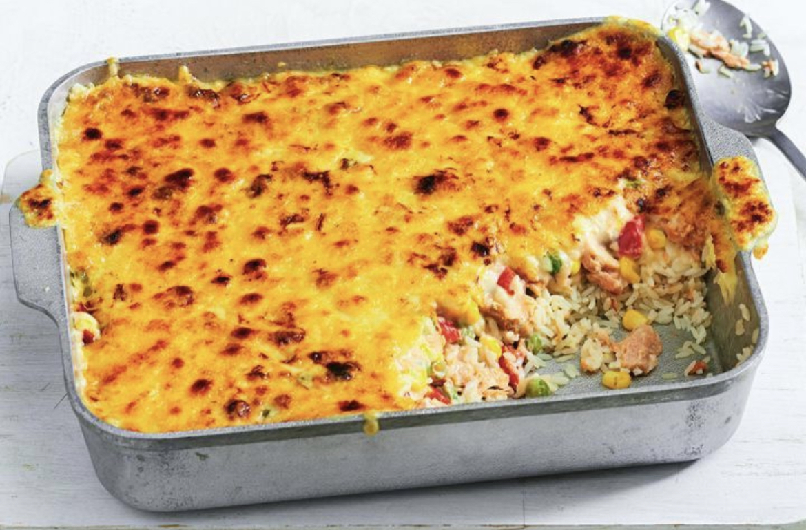 10-minute cheesy salmon rice bake