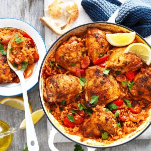 One-pot apricot chicken rice bake