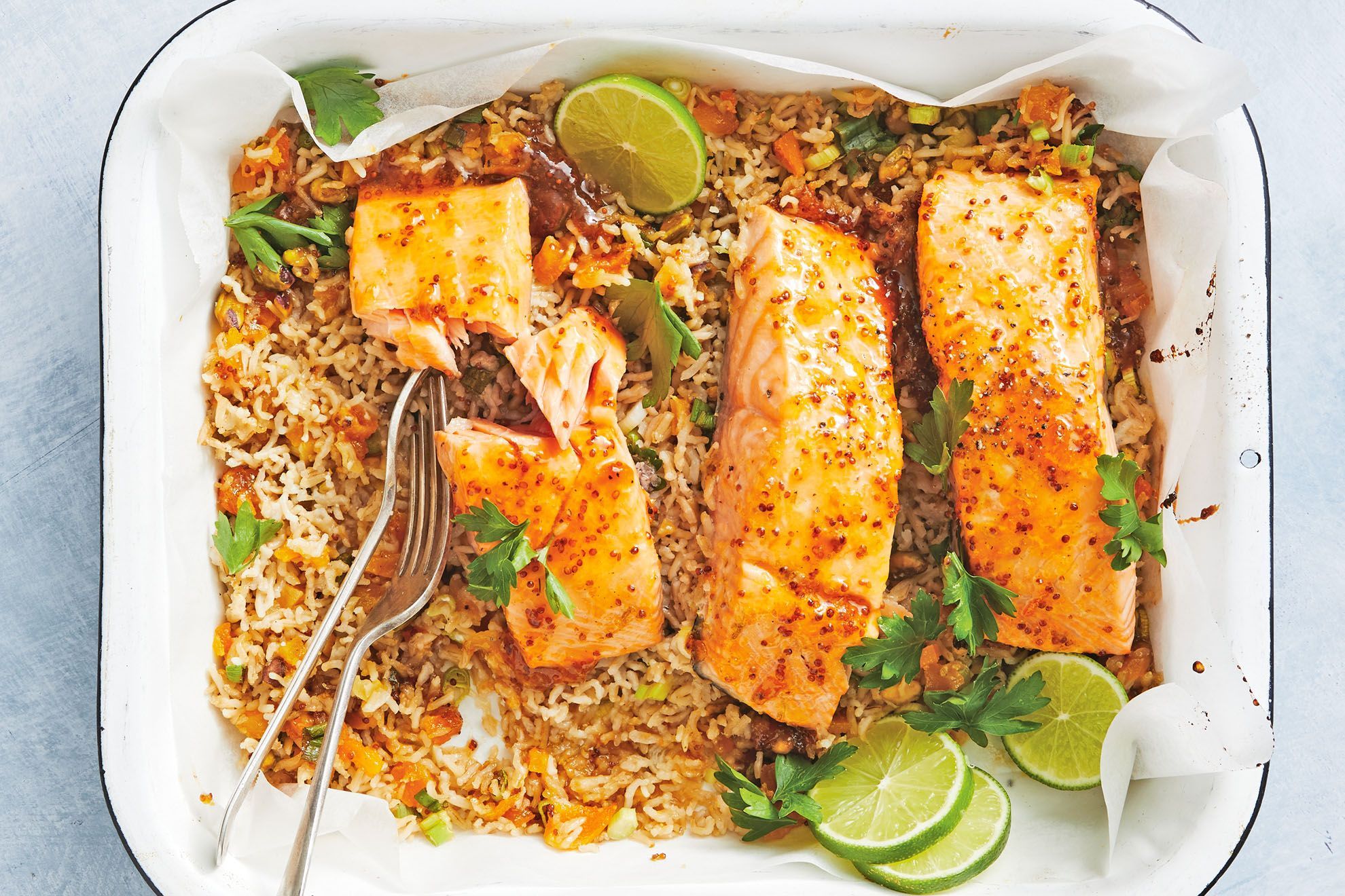 Apricot glazed salmon and rice tray bake