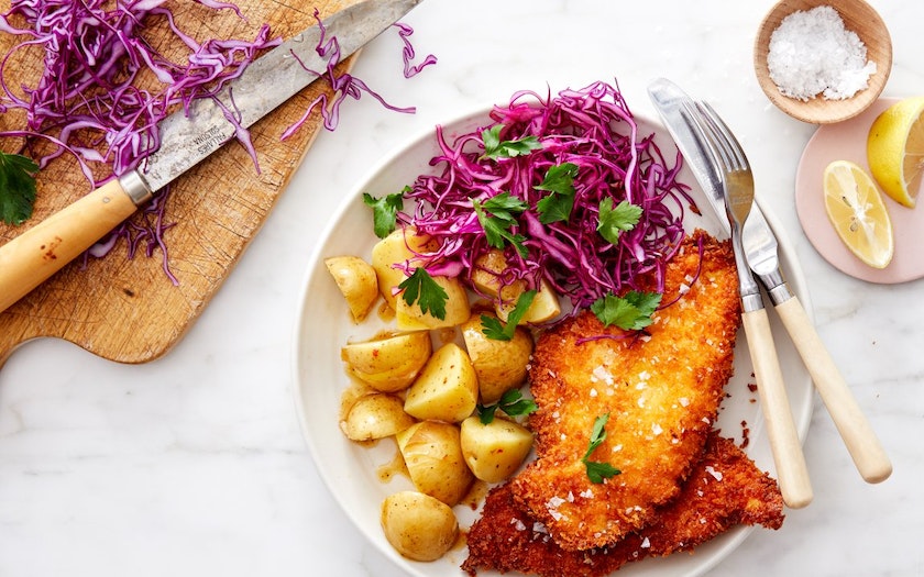 Gluten-free chicken schnitzel with cheesy cracker crumb