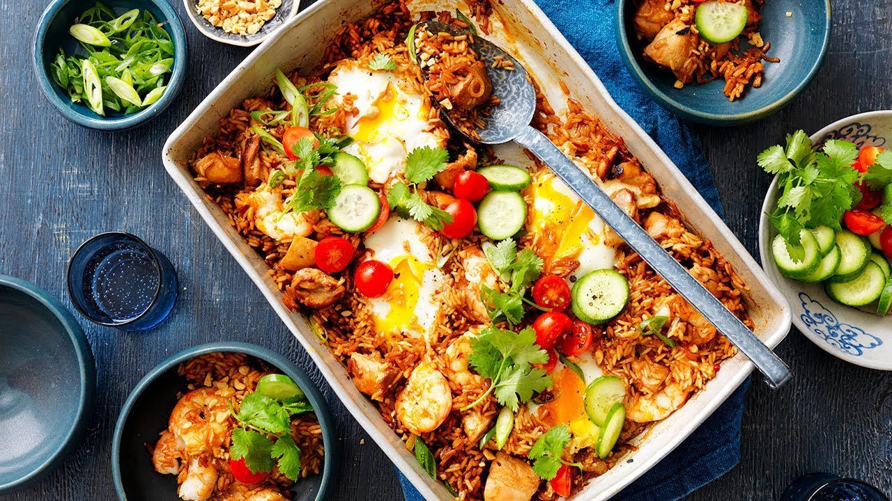 One-pan nasi goreng prawn rice bake