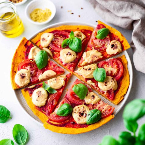 Veggie Pita Pizza with caramelised onions and pesto